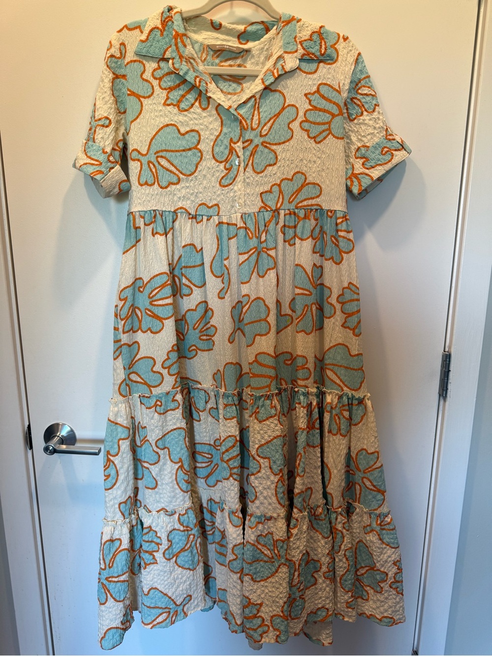 Girls Tiered Cotton Dress in Cream with Aqua Floral Print